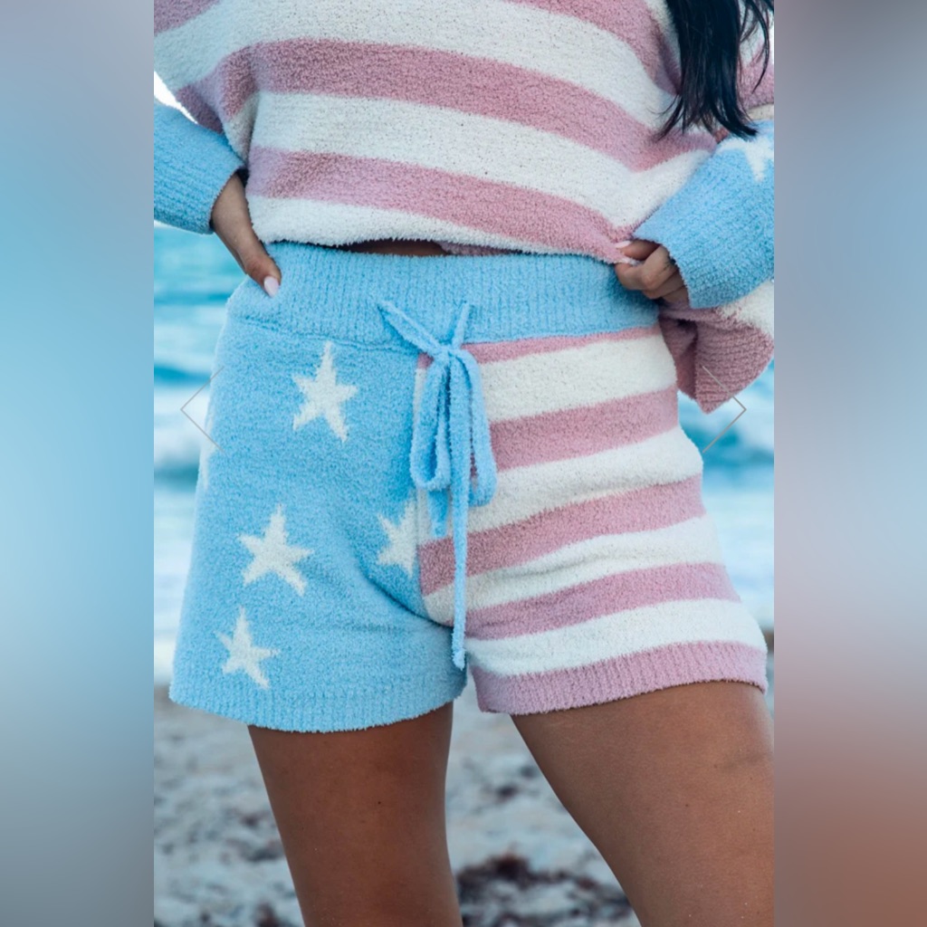 Pink Lily Turning Tides Stars & Stripes American Flag Knit Lounge Shorts S